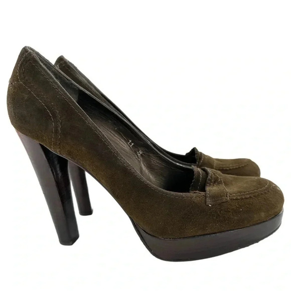 Stuart Weitzman heels size 11 olive green suede penny loafers chunky platforms - Picture 15 of 15